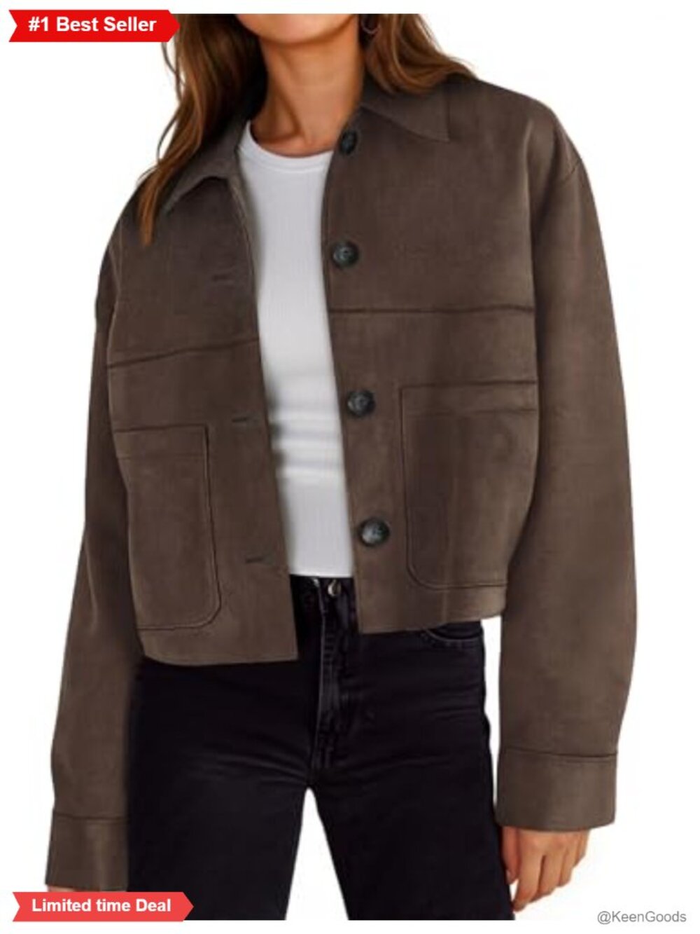 Faux Suede Cropped Jacket Button Utility Pockets